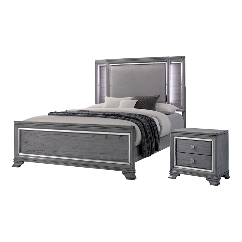 FOA Hariston 2pc Light Gray Solid Wood Bedroom Set - Queen + Nightstand