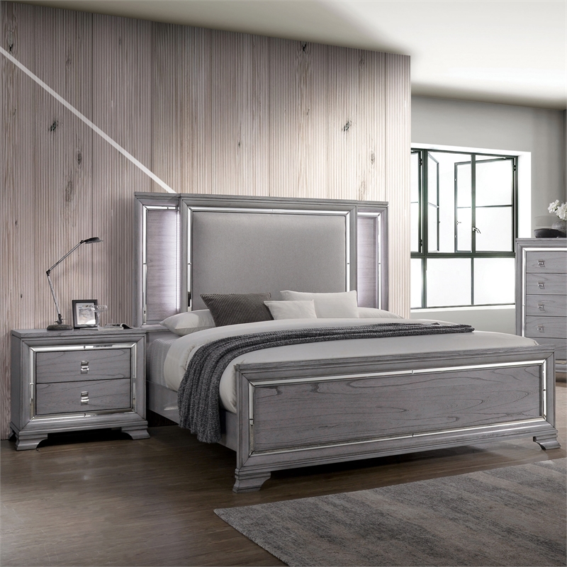 FOA Hariston 2pc Light Gray Solid Wood Bedroom Set - Queen + Nightstand