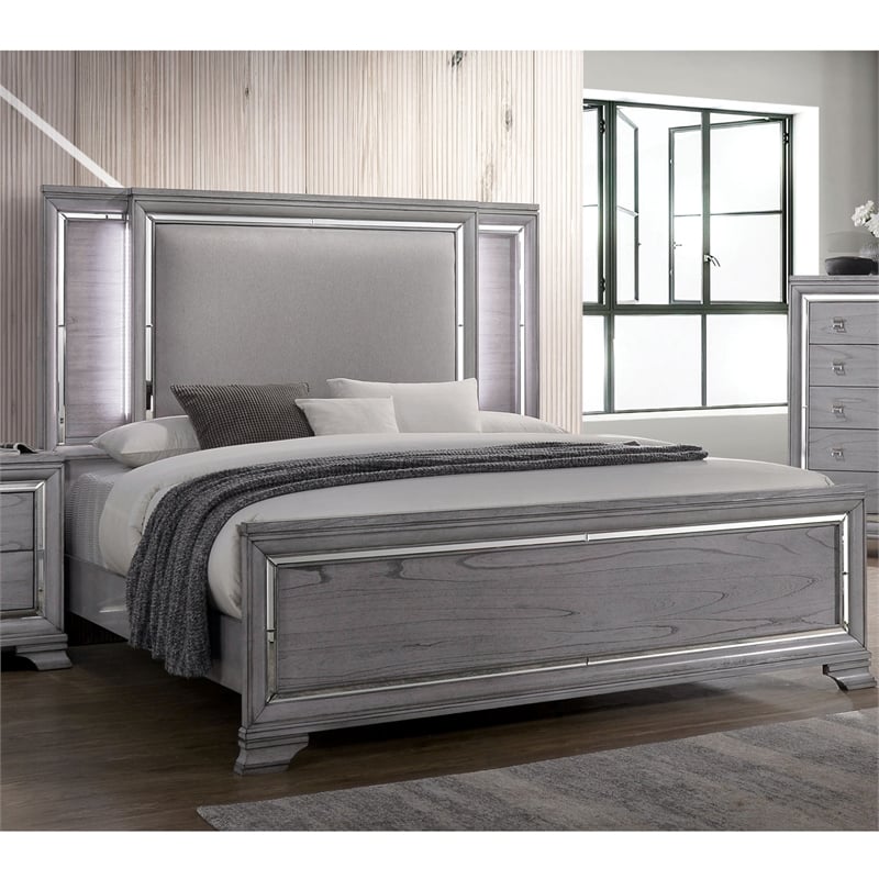 FOA Hariston 3pc Light Gray Solid Wood Bed Set - Queen + Nightstand + Chest