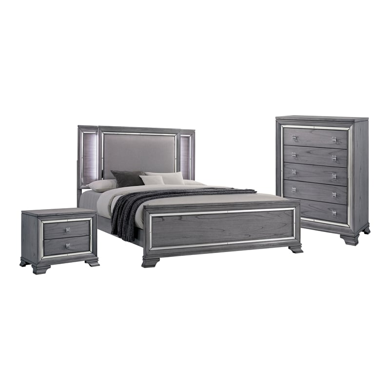 FOA Hariston 3pc Light Gray Solid Wood Bed Set - Queen + Nightstand + Chest
