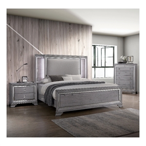 FOA Hariston 3pc Light Gray Solid Wood Bed Set - Queen + Nightstand + Chest