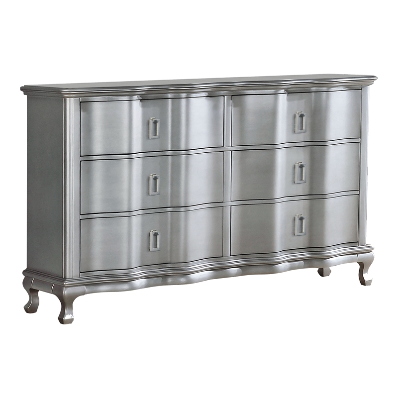 Furniture of America Pappa 6-Drawer Solid Wood Dresser in Silver