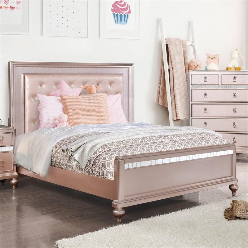 Furniture of America Appell 2pc Rose Gold Solid Wood Bedroom Set - Queen + Chest
