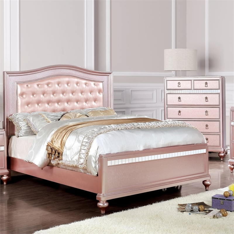 Furniture of America Paisley 2pc Rose Gold Solid Wood Bedroom Set - Queen+Chest