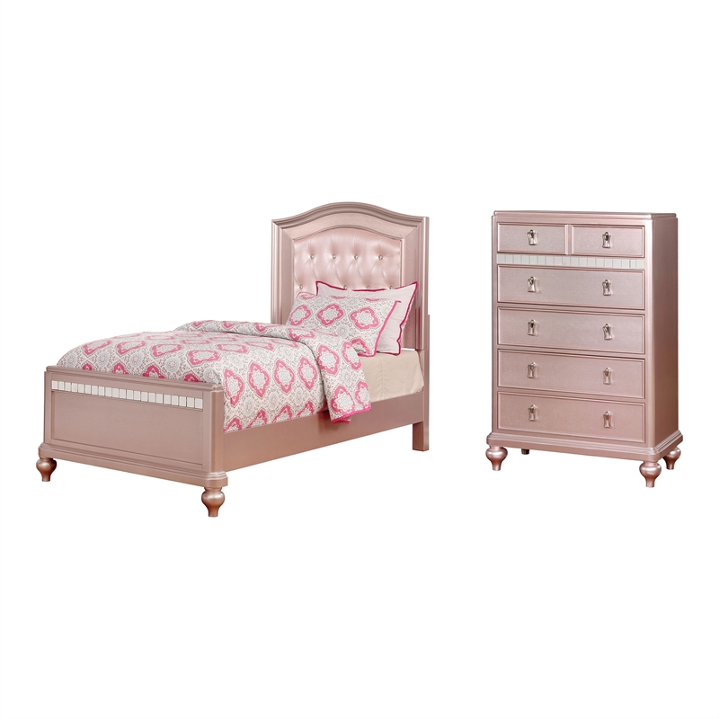 Furniture of America Paisley 2pc Rose Gold Solid Wood Bedroom Set - Twin+Chest