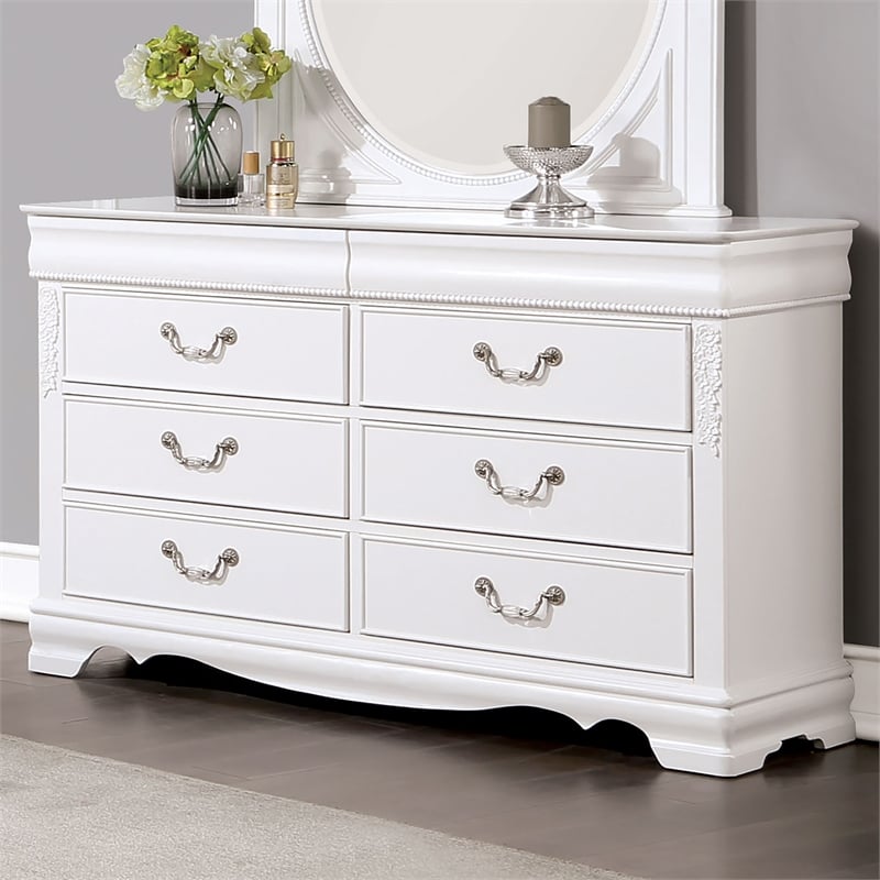 Furniture of America Heyd 6-Drawer Solid Wood White Dresser with Nickel Pulls