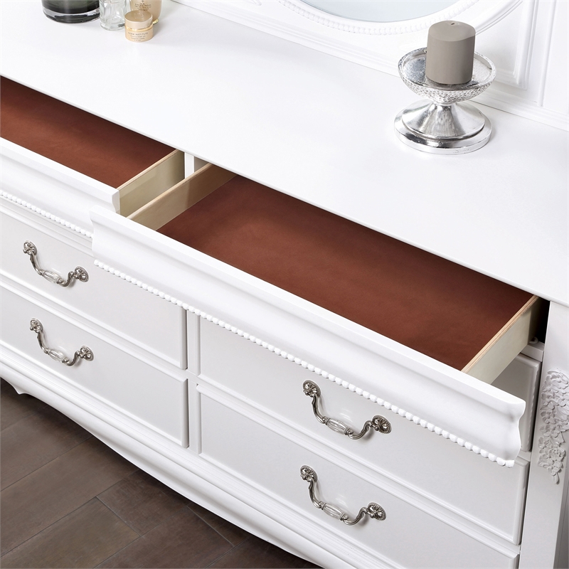 Furniture of America Heyd 6-Drawer Solid Wood Dresser with Mirror in White