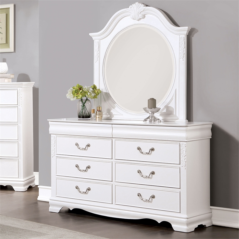 Furniture of America Heyd 6-Drawer Solid Wood Dresser with Mirror in White