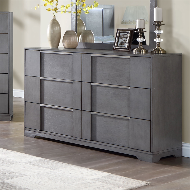 Furniture of America Soya 6-Drawer Solid Wood Gray Dresser with Nickel Pulls
