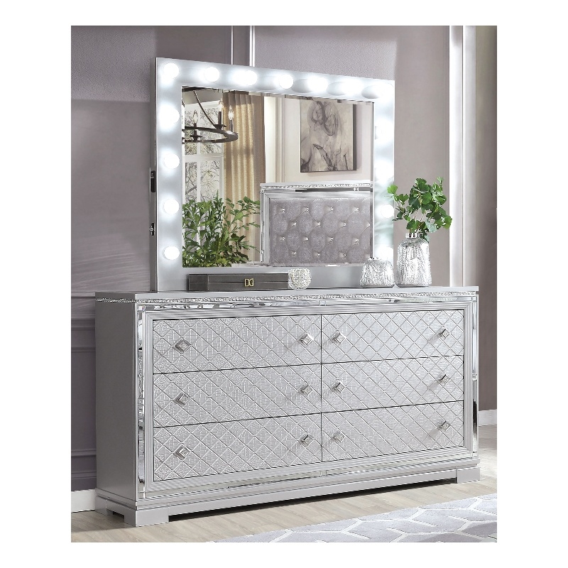 Furniture of America Chid 6-Drawer Solid Wood Dresser with Mirror in Silver