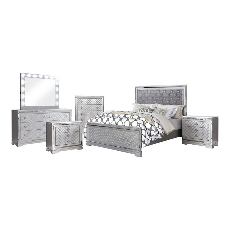 FOA Chid 6pc Silver Wood Bed Set - King+2 Nightstands+Chest+Dresser+Mirror