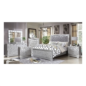 FOA Chid 6pc Silver Wood Bed Set - King+2 Nightstands+Chest+Dresser+Mirror