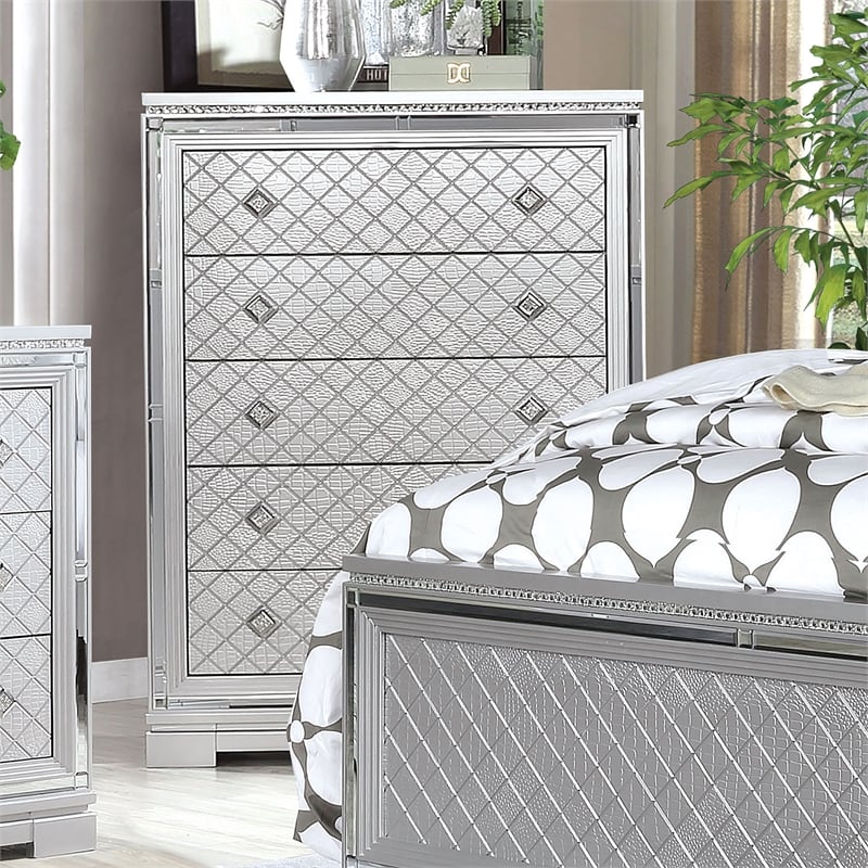 FOA Chid 6pc Silver Wood Bed Set - Queen+2 Nightstands+Chest+Dresser+Mirror