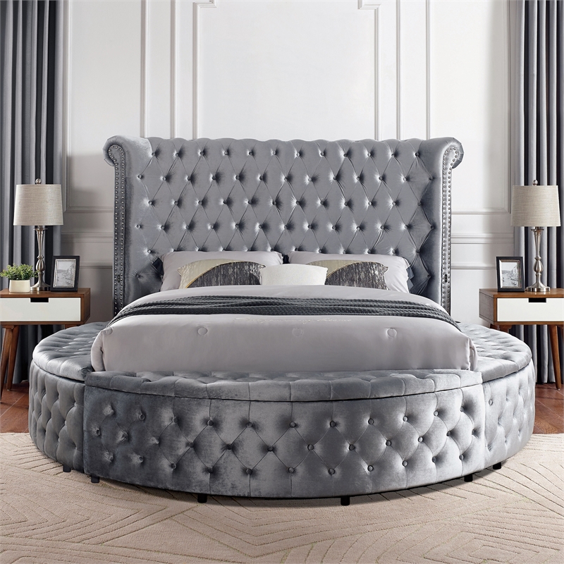 Furniture of America Vriam 3pc Gray Fabric Bedroom Set - Queen + 2 Nightstands