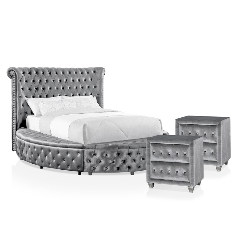 Furniture of America Vriam 3pc Gray Fabric Bedroom Set - Queen + 2 Nightstands