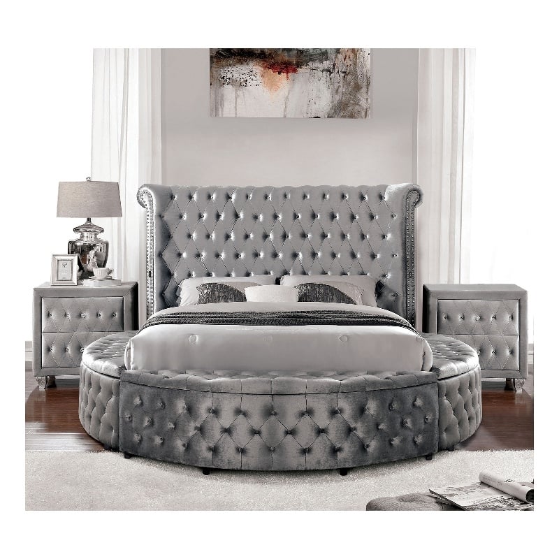 Furniture of America Vriam 3pc Gray Fabric Bedroom Set - Queen + 2 Nightstands