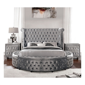 Furniture of America Vriam 3pc Gray Fabric Bedroom Set - Queen + 2 Nightstands