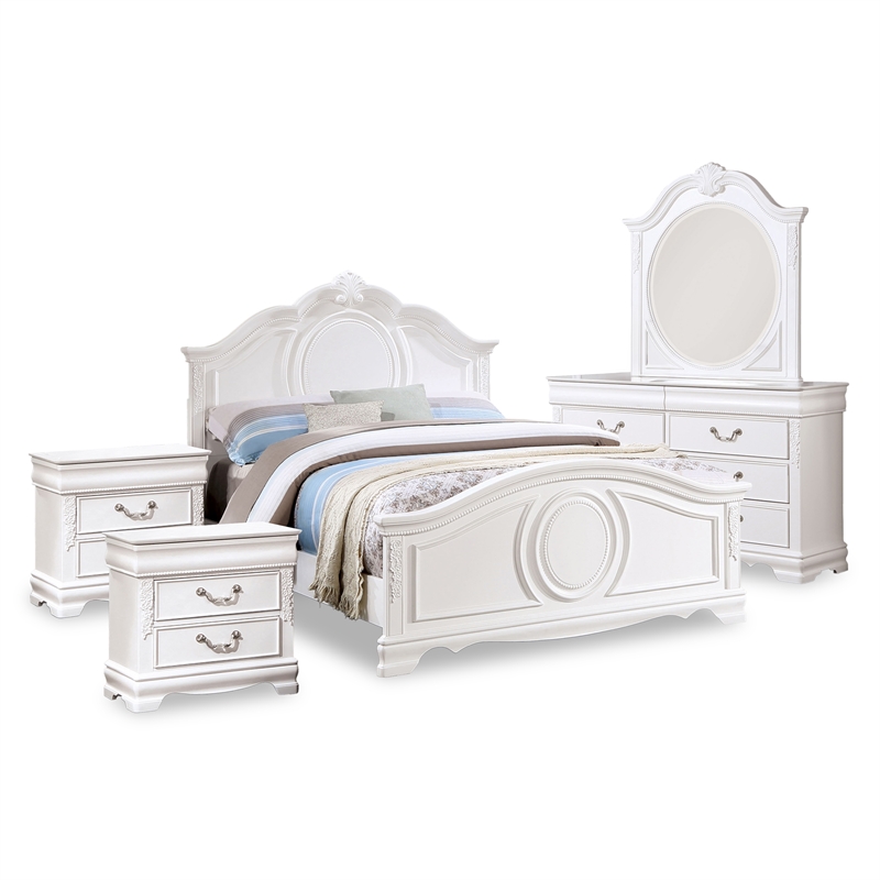 FOA Heyd 5pc White Solid Wood Bed Set - Twin + 2 Nightstands + Dresser + Mirror