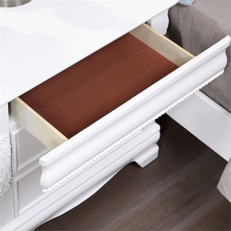 FOA Heyd 5pc White Solid Wood Bed Set - Twin + 2 Nightstands + Dresser + Mirror