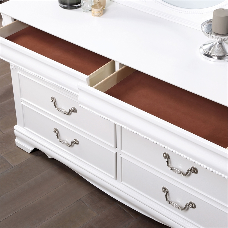 FOA Heyd 5pc White Solid Wood Bed Set - Twin + 2 Nightstands + Dresser + Mirror