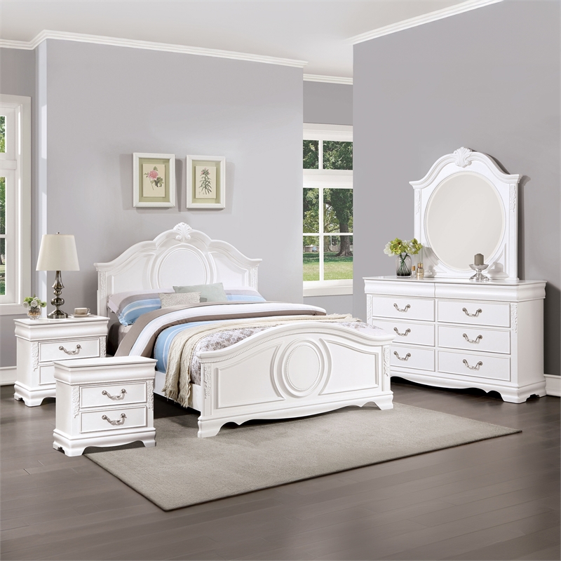 FOA Heyd 5pc White Solid Wood Bed Set - Twin + 2 Nightstands + Dresser + Mirror