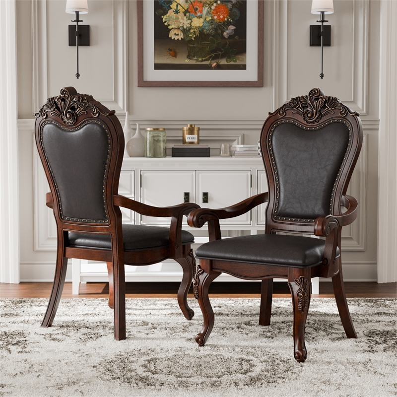 Furniture of America Albernit Faux Leather Arm Chairs in Dark Cherry (Set of 2)