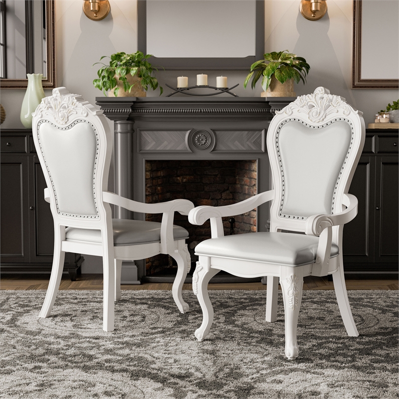 Furniture of America Albernit Faux Leather Arm Chairs in White (Set of 2)