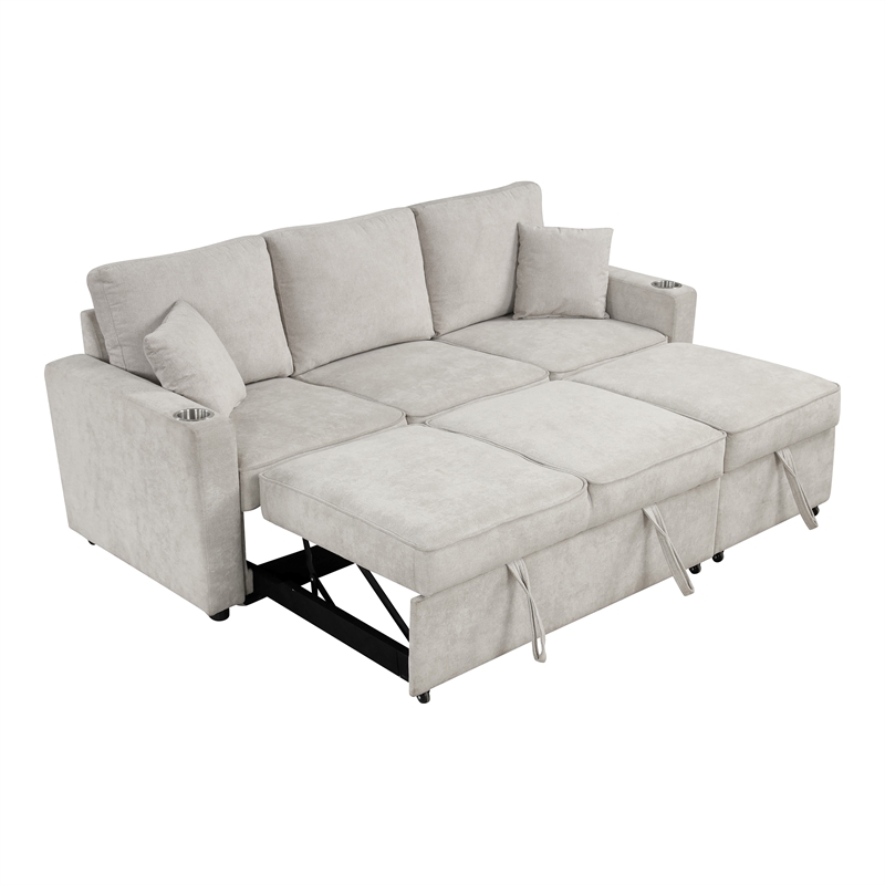 Furniture of America Chatell Fabric Cup Holders Sleeper Sofa Sectional in Beige