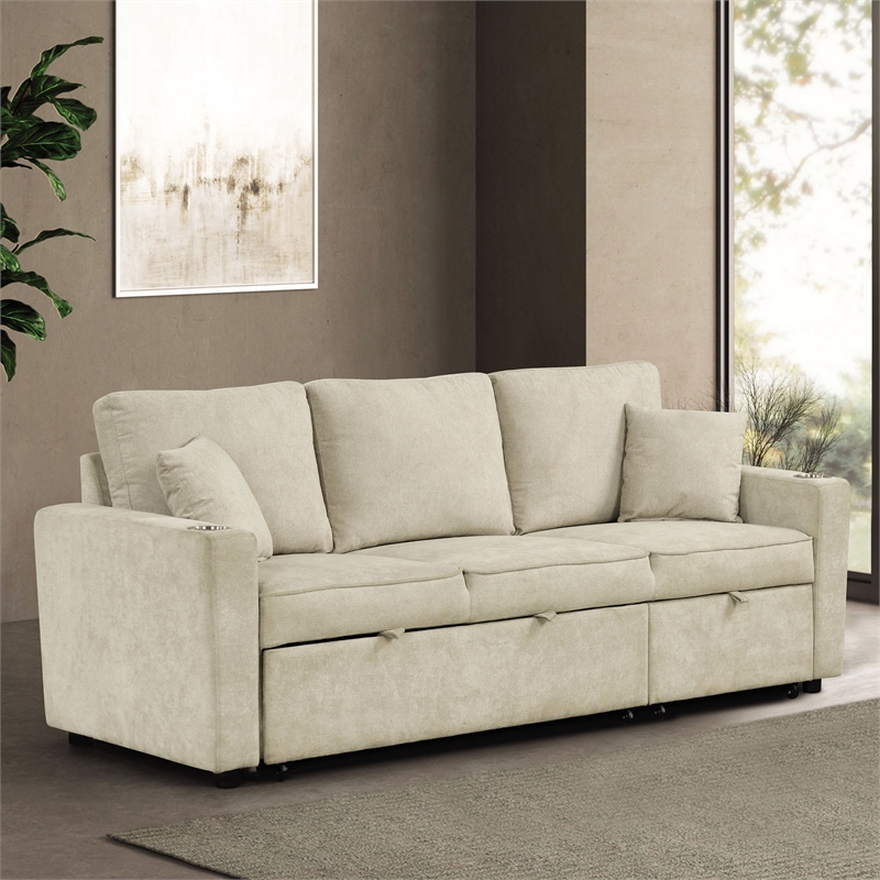 Furniture of America Chatell Fabric Cup Holders Sleeper Sofa Sectional in Beige