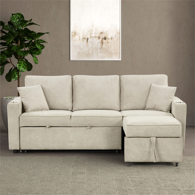 Furniture of America Chatell Fabric Cup Holders Sleeper Sofa Sectional in Beige