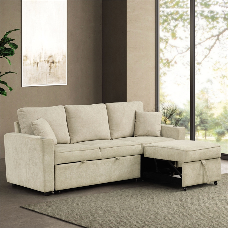 Furniture of America Chatell Fabric Cup Holders Sleeper Sofa Sectional in Beige