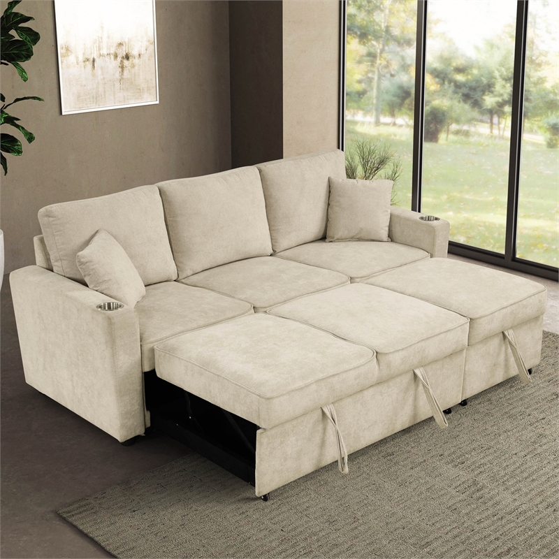 Furniture of America Chatell Fabric Cup Holders Sleeper Sofa Sectional in Beige