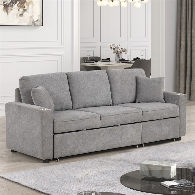 Furniture of America Chatell Fabric Cup Holders Sleeper Sofa Sectional in Gray