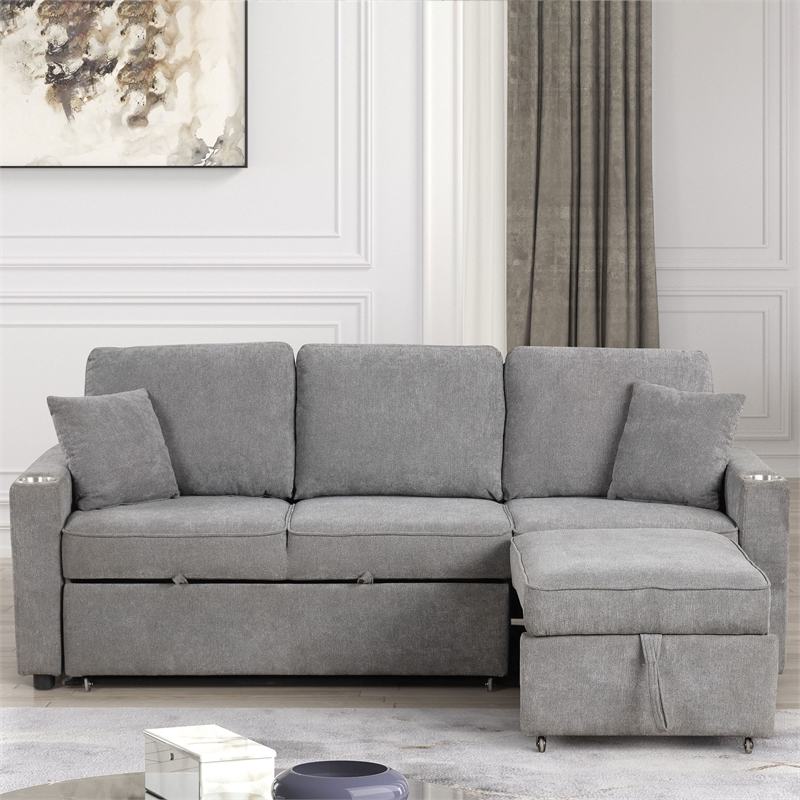 Furniture of America Chatell Fabric Cup Holders Sleeper Sofa Sectional in Gray