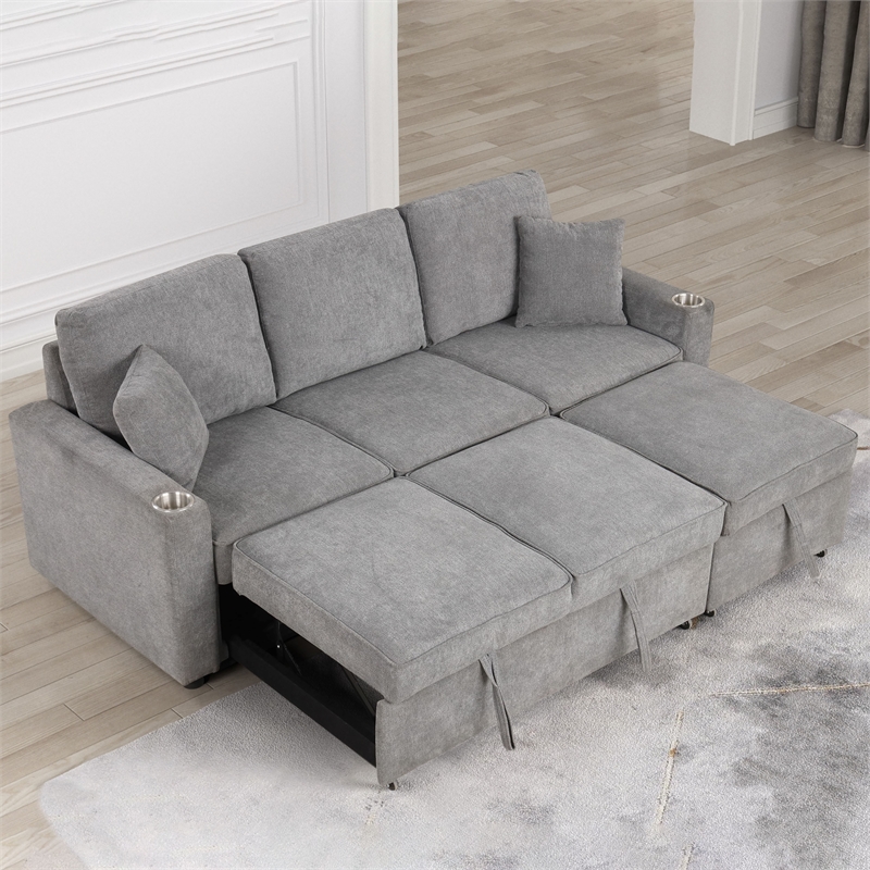 Furniture of America Chatell Fabric Cup Holders Sleeper Sofa Sectional in Gray