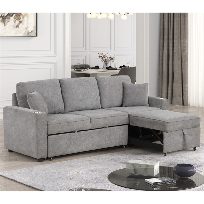 Furniture of America Chatell Fabric Cup Holders Sleeper Sofa Sectional in Gray