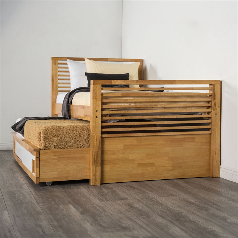 Furniture of America Sabatin Solid Wood Twin Captain Bed with USBs in Light Oak