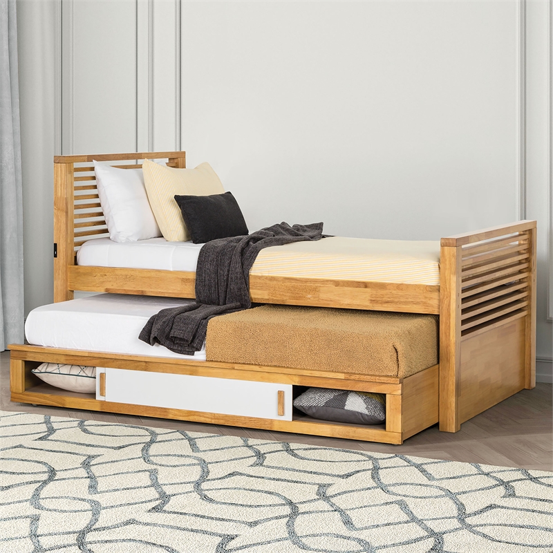 Furniture of America Sabatin Solid Wood Twin Captain Bed with USBs in Light Oak