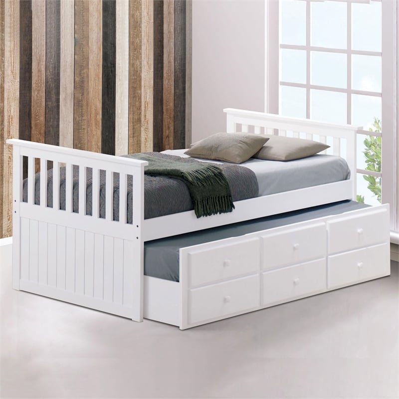 Furniture of America Normen Solid Wood Twin Captain Bed with Drawers in White