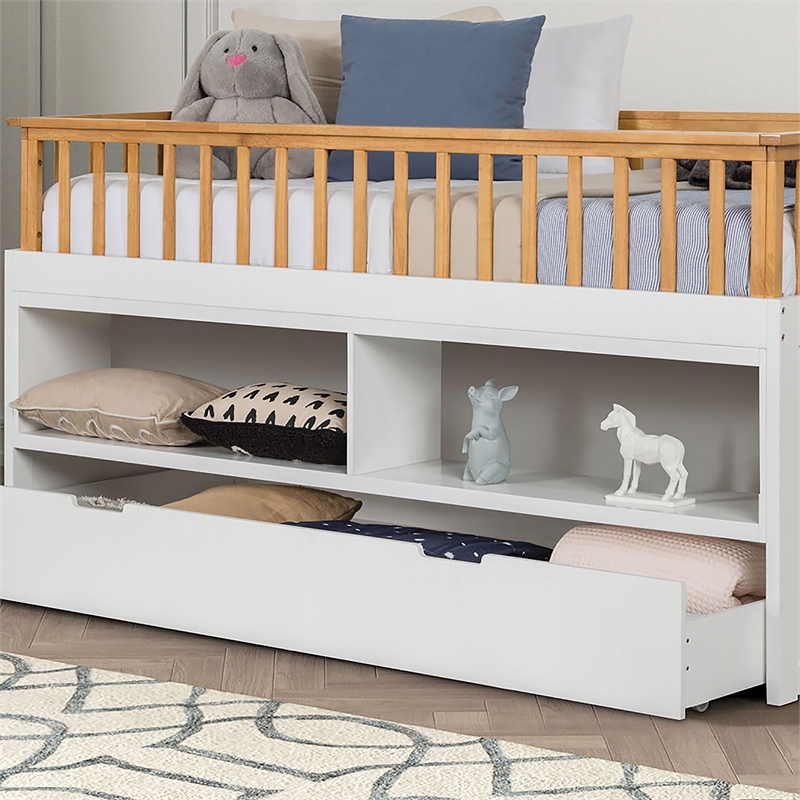 Furniture of America Wonston Solid Wood 2-Open Shelf Twin Captain Bed in White
