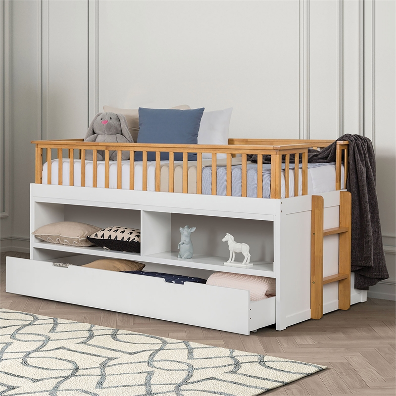 Furniture of America Wonston Solid Wood 2-Open Shelf Twin Captain Bed in White