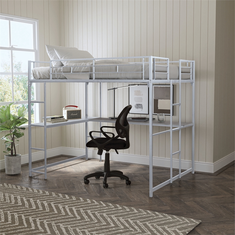 Furniture of America Jaron Metal Full Loft Bed with Attached Ladders in Silver