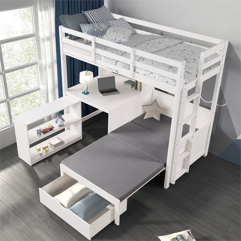 Furniture of America Yalle Solid Wood USBs Twin Loft Bed with Bookcase in White