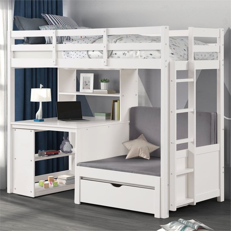 Furniture of America Yalle Solid Wood USBs Twin Loft Bed with Bookcase in White