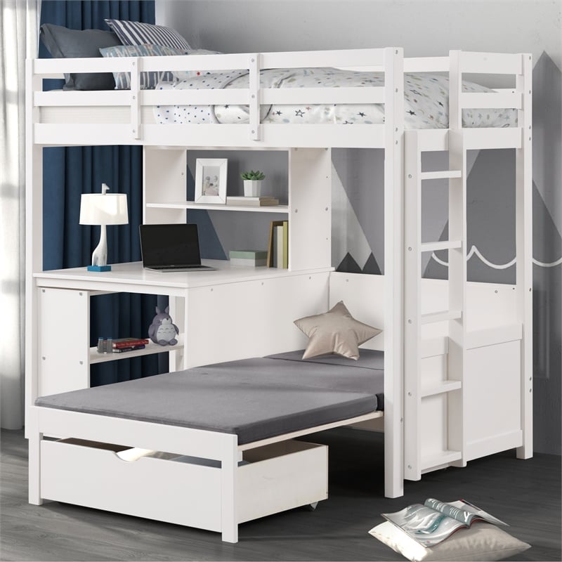 Furniture of America Yalle Solid Wood USBs Twin Loft Bed with Bookcase in White