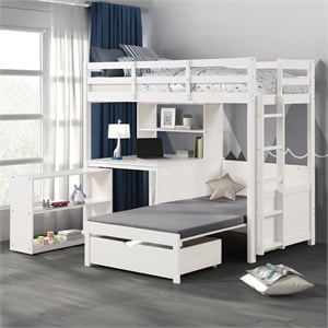 Furniture of America Yalle Solid Wood USBs Twin Loft Bed with Bookcase in White