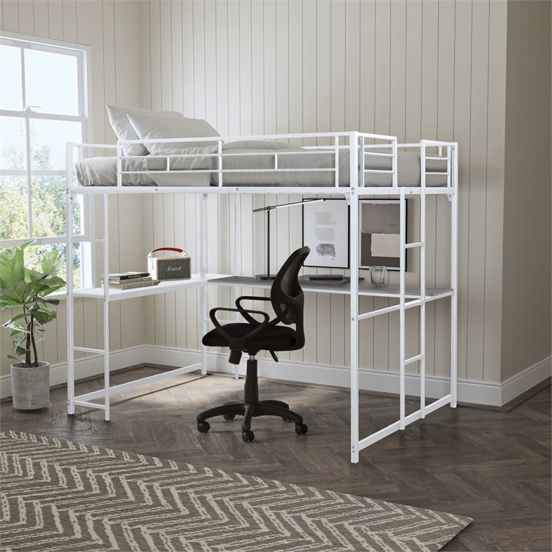 Furniture of America Jaron Metal Full Loft Bed with Attached Ladders in White