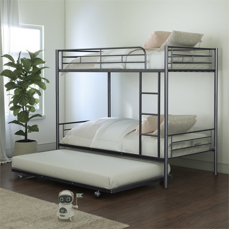 Furniture of America Kurin Metal Twin over Twin Bunk Bed with Trundle in Black