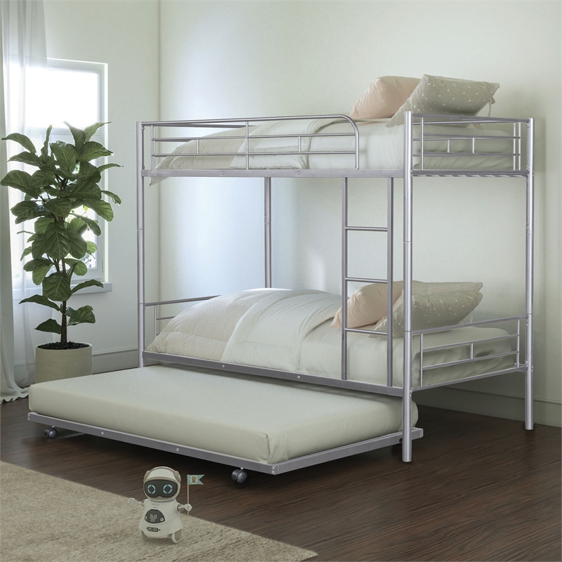 Furniture of America Kurin Metal Twin over Twin Bunk Bed with Trundle in Silver