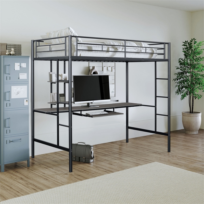 Furniture of America Spaco Metal Twin Loft Bed with Keyboard Tray in Black